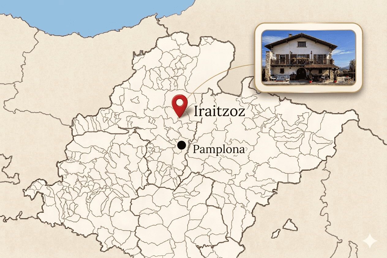 Mapa de Navarra con marcador de Iraitzoz y foto de la casa
